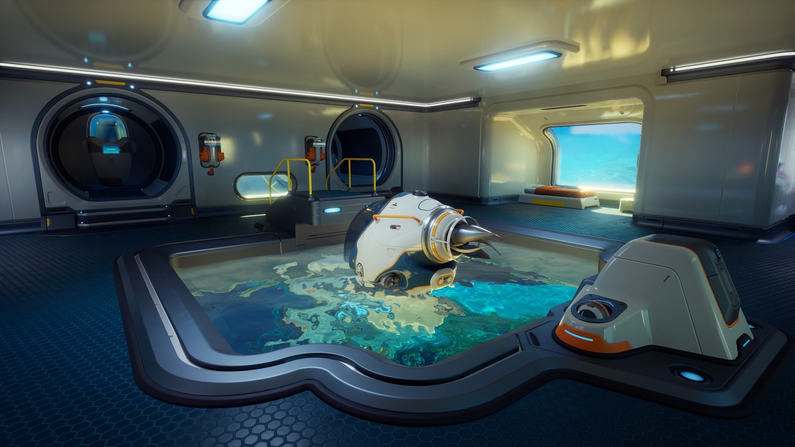 Subnautica 2 moonpool and base interior screenshot.