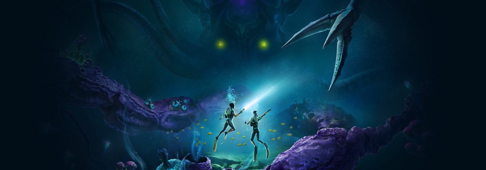 Subnautica 2 key art with two divers and a leviathan silhouette.