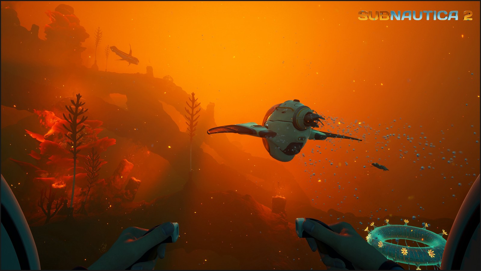 Subnautica 2 gameplay scene with a diver approaching a vehicle in orange water.