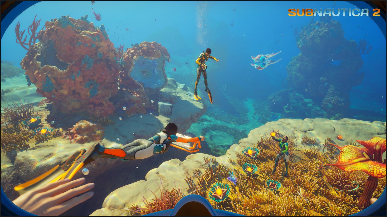 Subnautica 2 coral biome scene with divers exploring together.