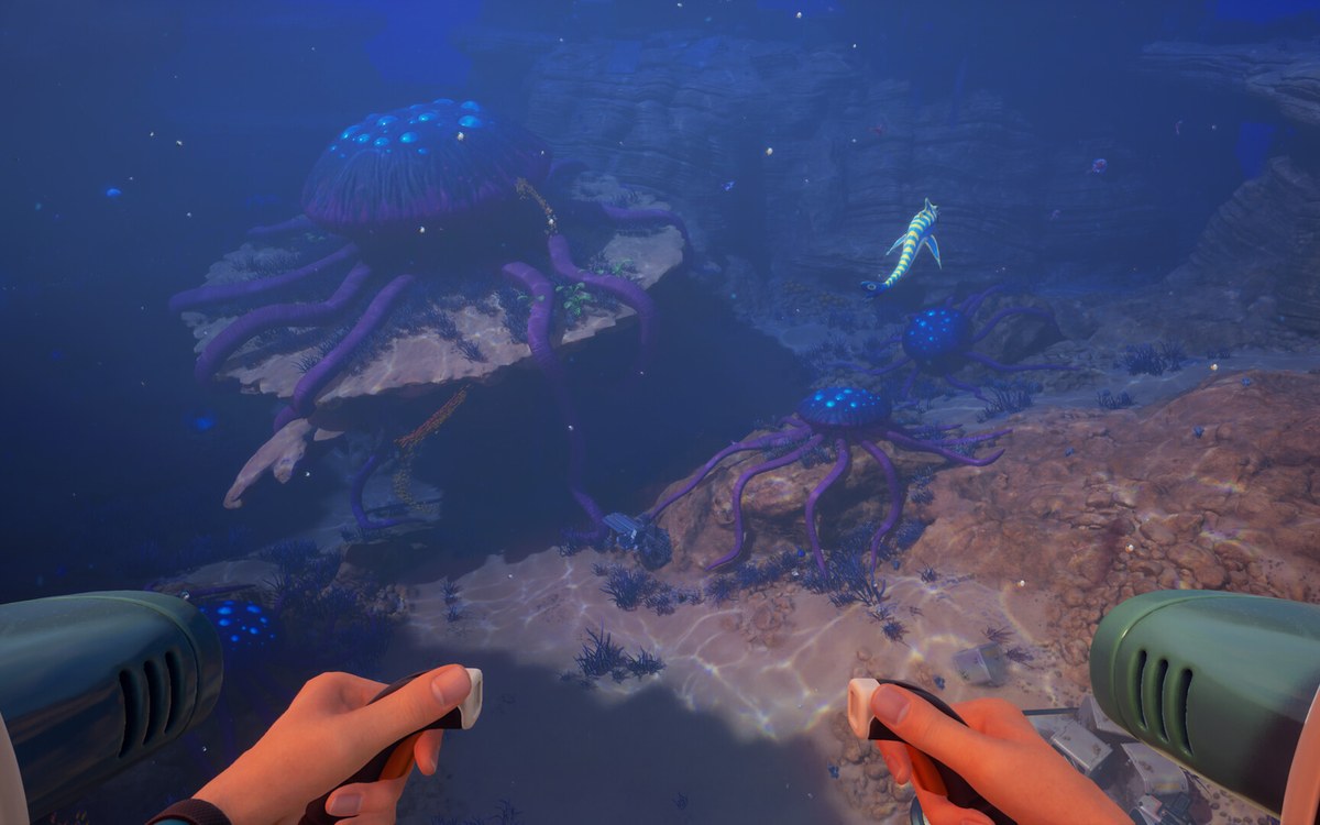 Subnautica 2 gameplay screenshot showing a diver approaching a larger sea creature.