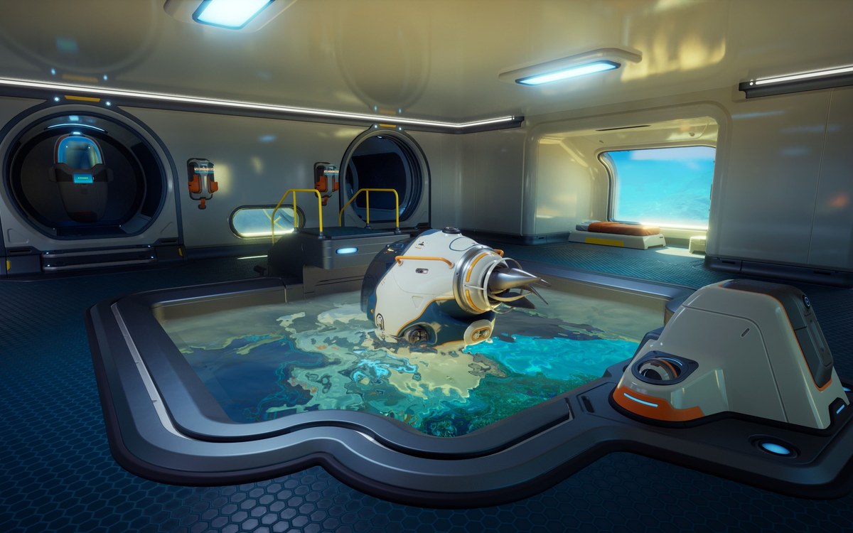 Subnautica 2 moonpool base interior screenshot.