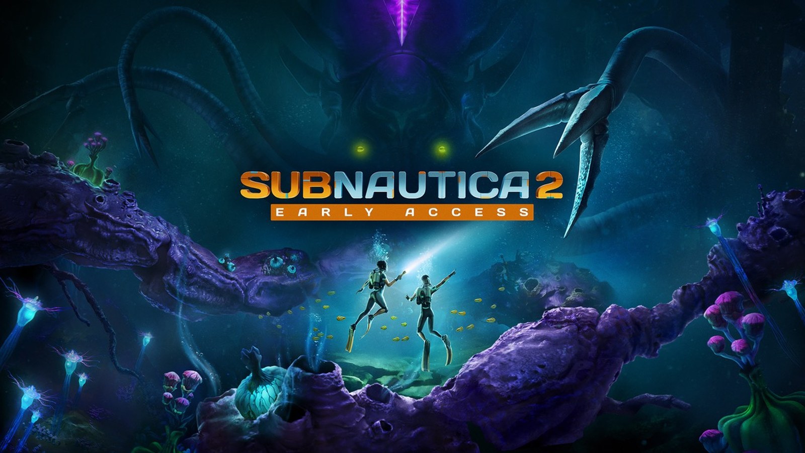 Subnautica 2 official key art with divers and a looming leviathan.