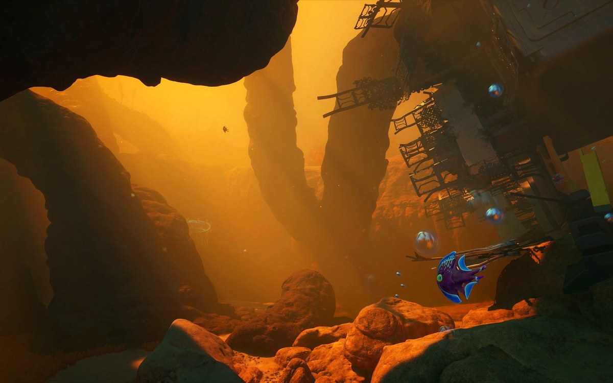 Subnautica 2 cave route scene in orange light.